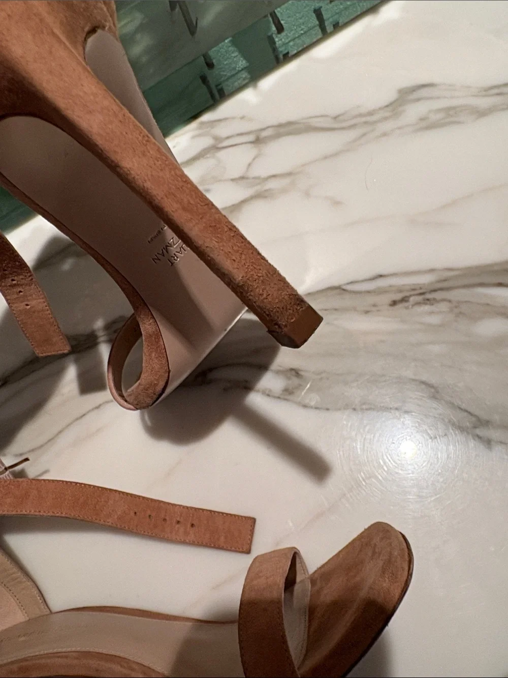 Stuart Weitzman Suede Ankle-Tie Heels in Cognac